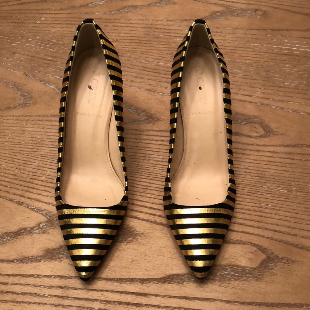 JCrew Elsie Black and Gold Striped Pumps 7